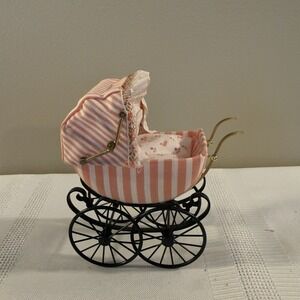 Bodo Henning 1:12 Vintage Miniature Pink Striped Victorian Dollhouse Baby Pram